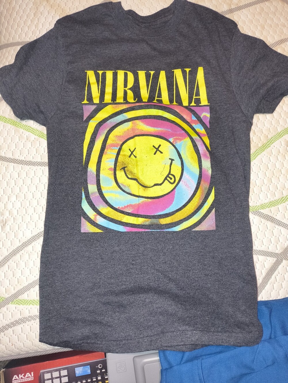 NIRVANA Dark Gray Tee with Neon Smiley Graphic